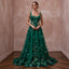 Emerald Green 3D Floral Applique Tulle A-Line Prom Gown