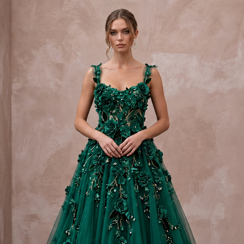 Emerald Green 3D Floral Applique Tulle A-Line Prom Gown