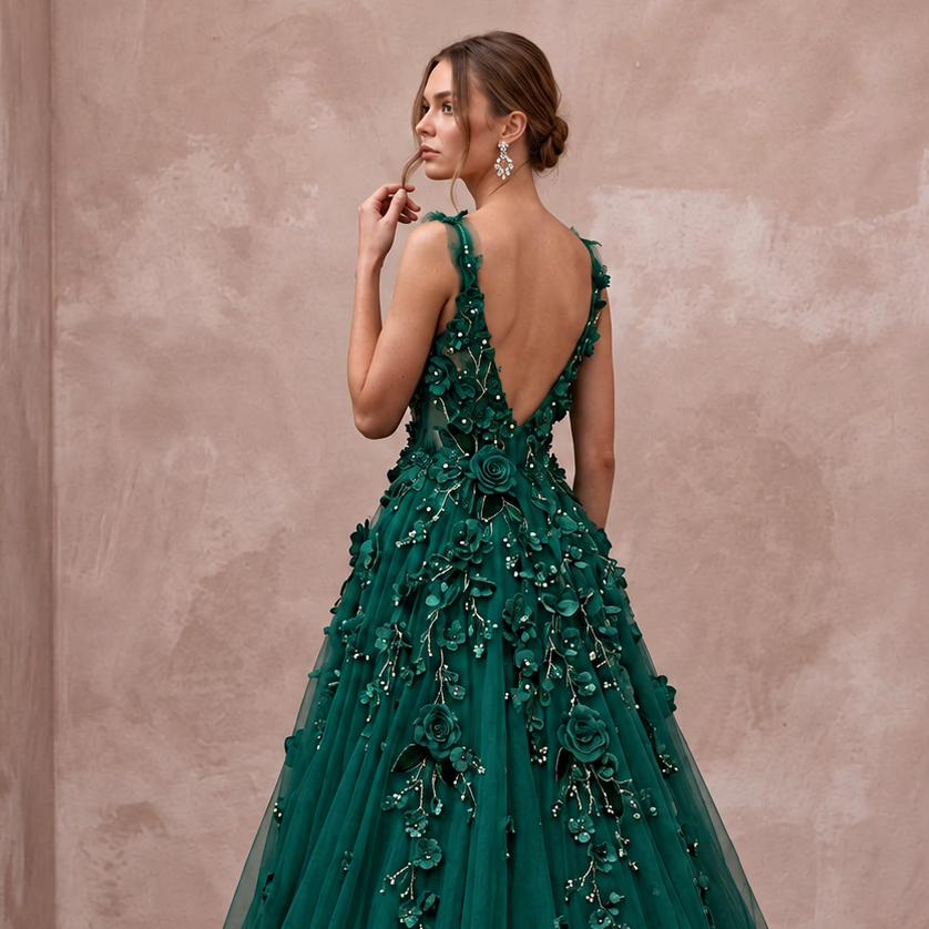 Emerald Green 3D Floral Applique Tulle A-Line Prom Gown