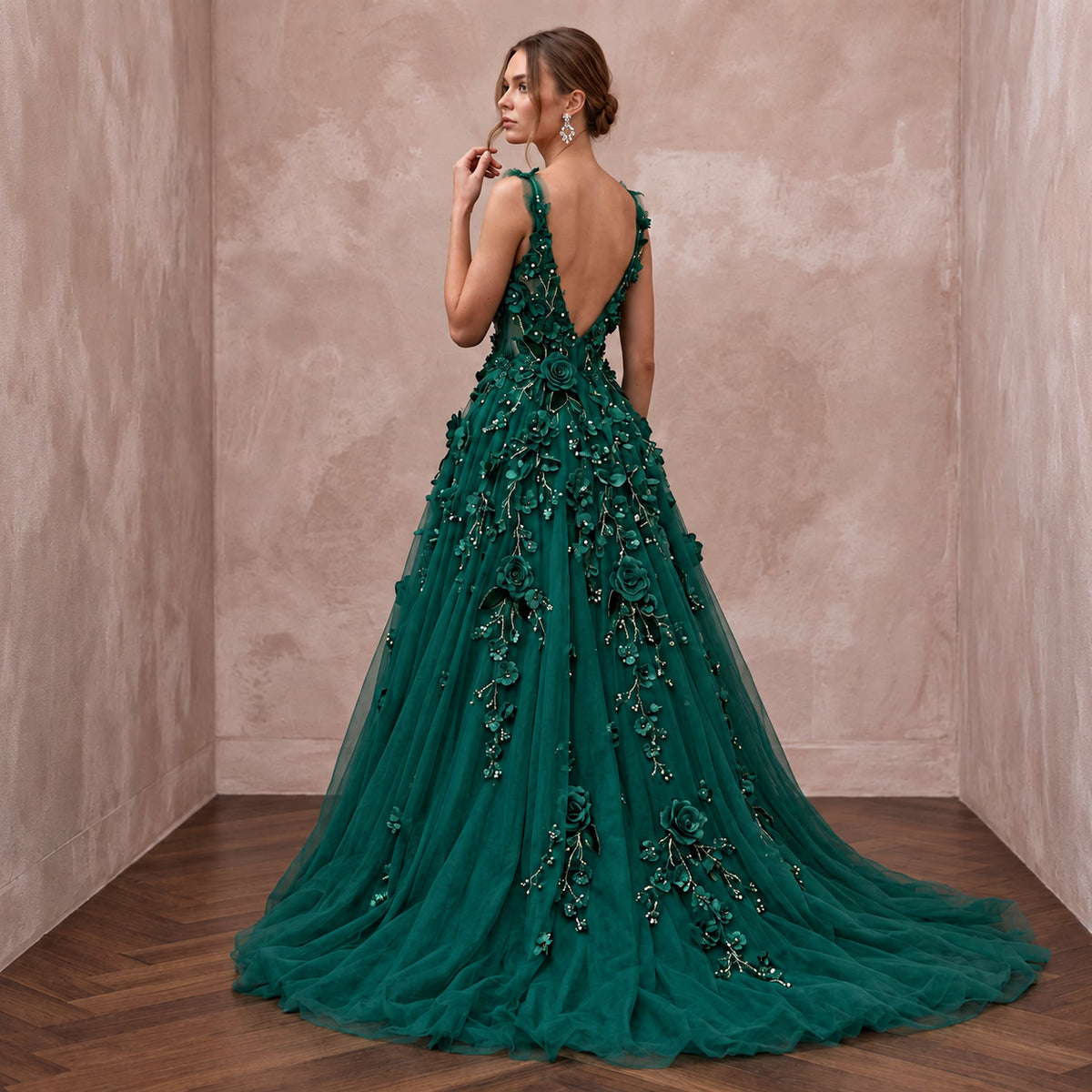 Emerald Green 3D Floral Applique Tulle A-Line Prom Gown