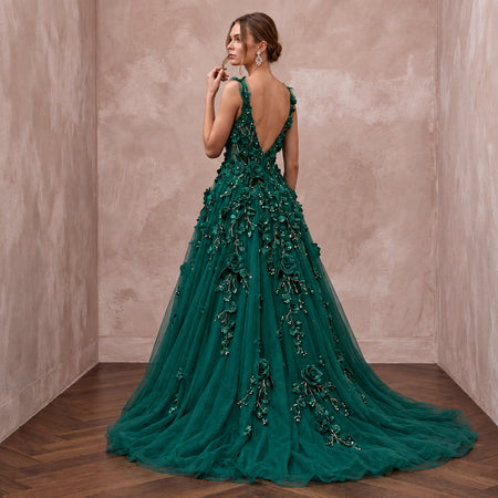 Emerald Green 3D Floral Applique Tulle A-Line Prom Gown