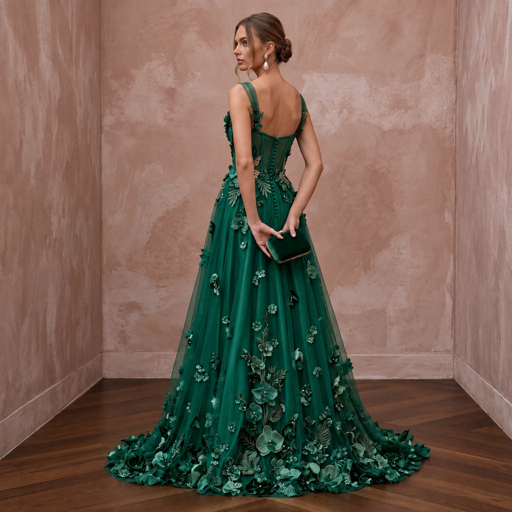 Emerald Green 3D Floral Applique Tulle A-Line Prom Gown
