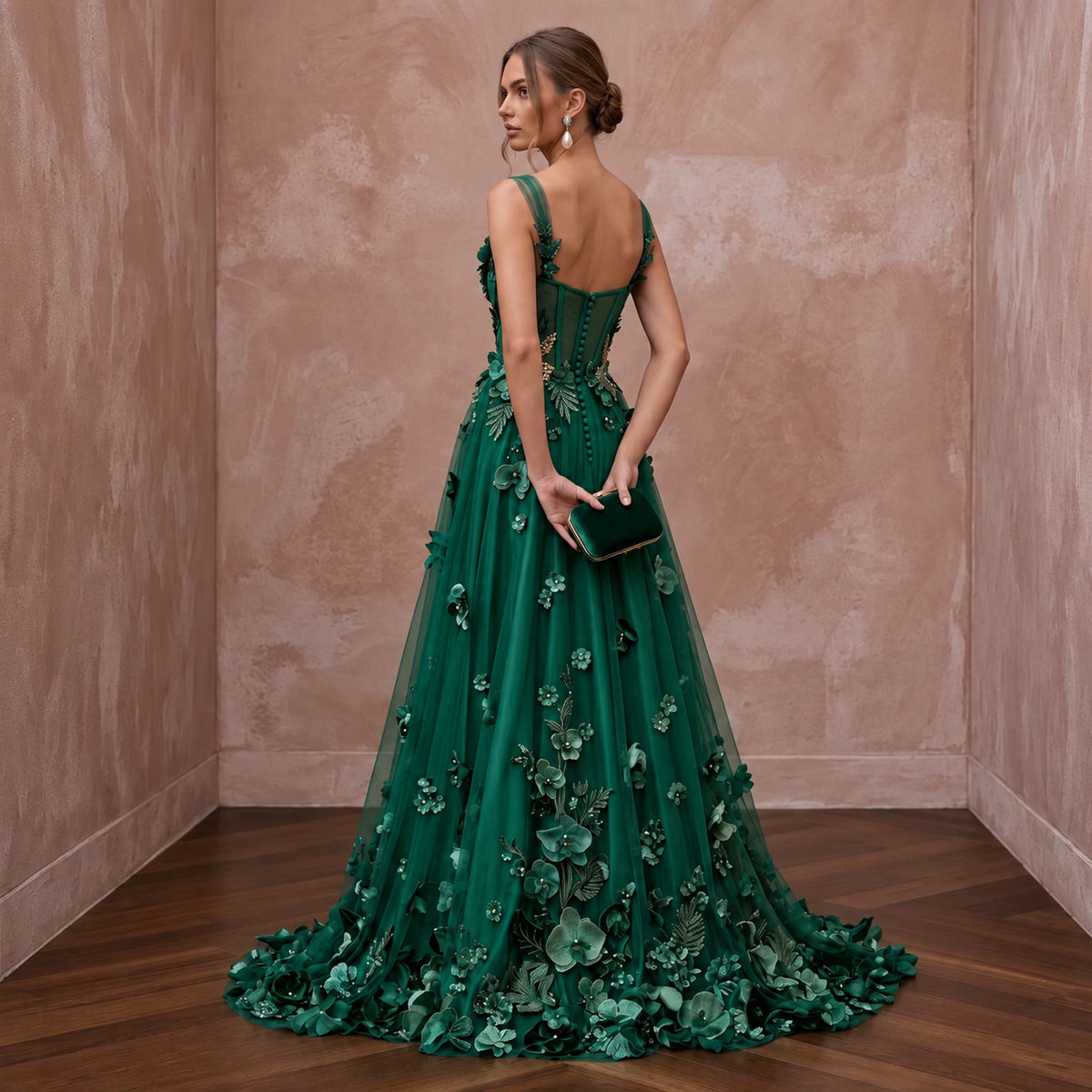 Emerald Green 3D Floral Applique Tulle A-Line Prom Gown