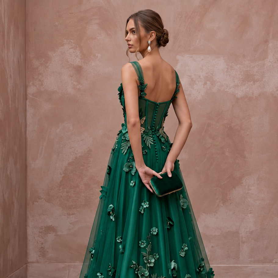 Emerald Green 3D Floral Applique Tulle A-Line Prom Gown