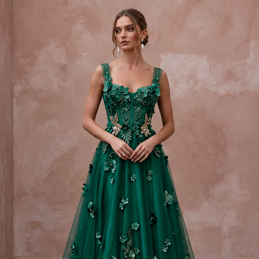 Emerald Green 3D Floral Applique Tulle A-Line Prom Gown
