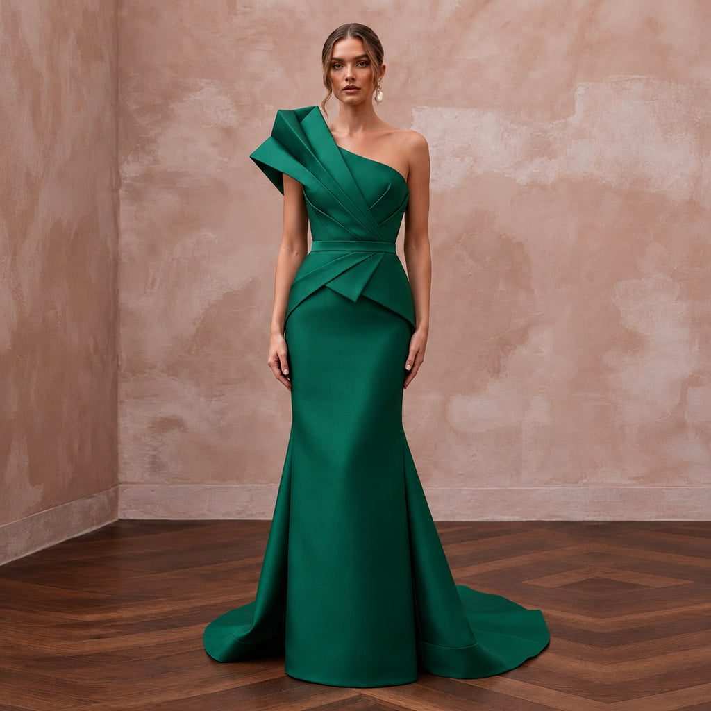 Emerald Green Architectural Faille One-Shoulder Evening Gown