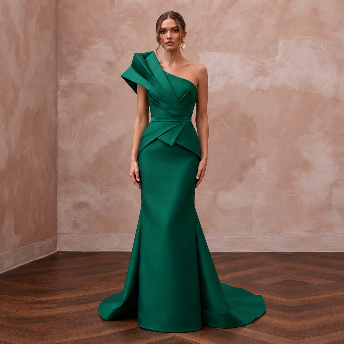 Emerald Green Architectural Faille One-Shoulder Evening Gown