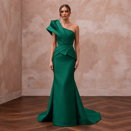 Emerald Green Architectural Faille One-Shoulder Evening Gown