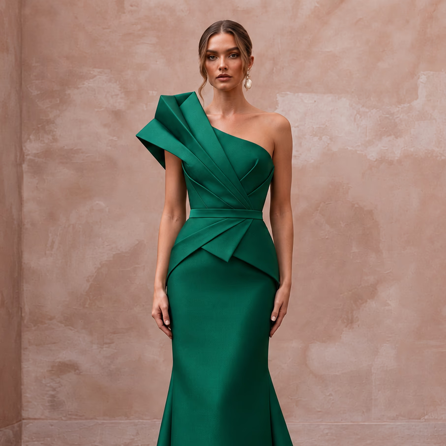 Emerald Green Architectural Faille One-Shoulder Evening Gown