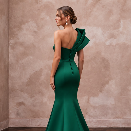 Emerald Green Architectural Faille One-Shoulder Evening Gown