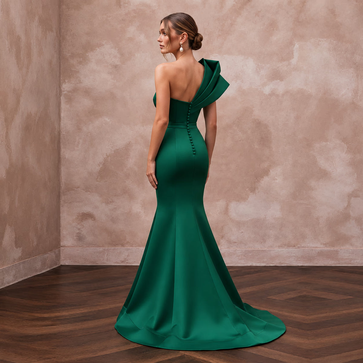 Emerald Green Architectural Faille One-Shoulder Evening Gown