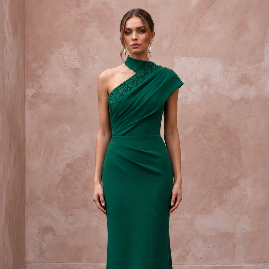 Emerald Green Crepe Asymmetrical Neckline Column Formal Gown - Apparel & Accessories > Clothing > Wedding & Bridal Party Dresses > Wedding Dresses - Mignonette Bridal