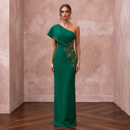 Emerald Green Crepe Asymmetrical Neckline Column Formal Gown