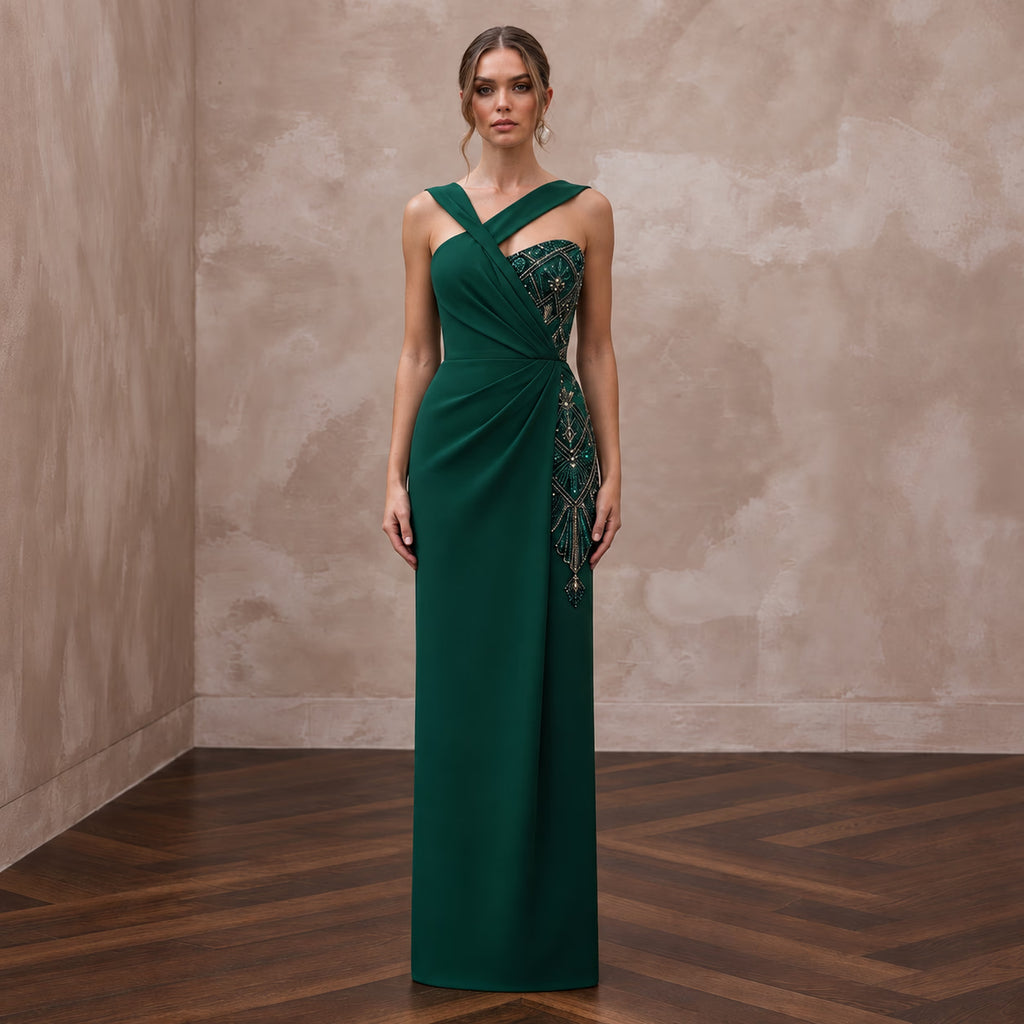 Emerald Green Crepe Asymmetrical Neckline Column Formal Gown