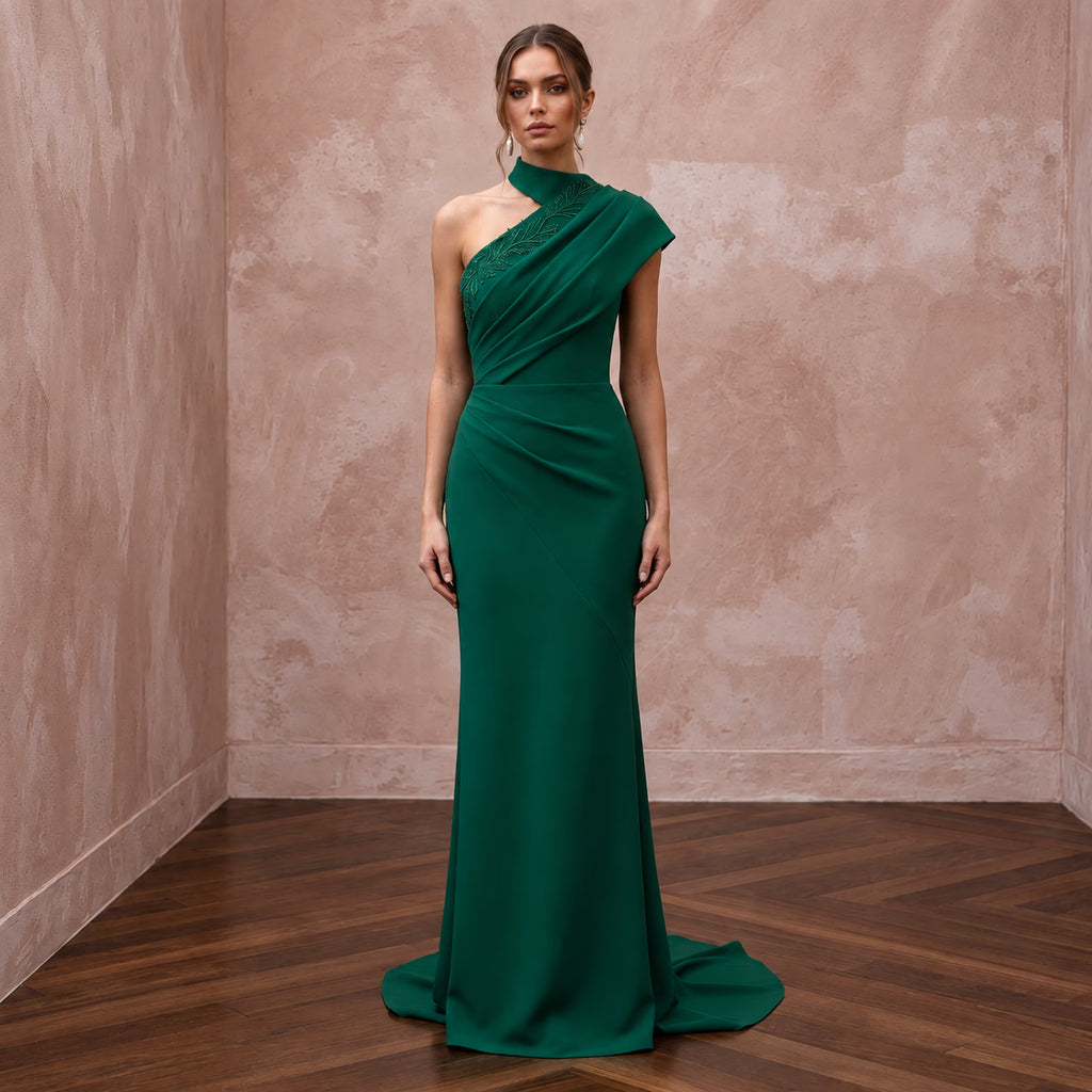Emerald Green Crepe Asymmetrical Neckline Column Formal Gown - Apparel & Accessories > Clothing > Wedding & Bridal Party Dresses > Wedding Dresses - Mignonette Bridal