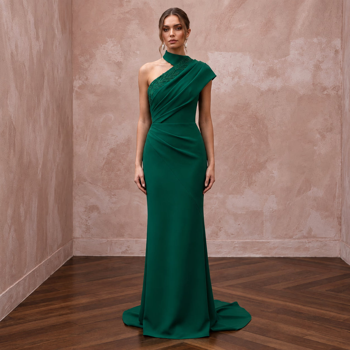 Emerald Green Crepe Asymmetrical Neckline Column Formal Gown - Apparel & Accessories > Clothing > Wedding & Bridal Party Dresses > Wedding Dresses - Mignonette Bridal