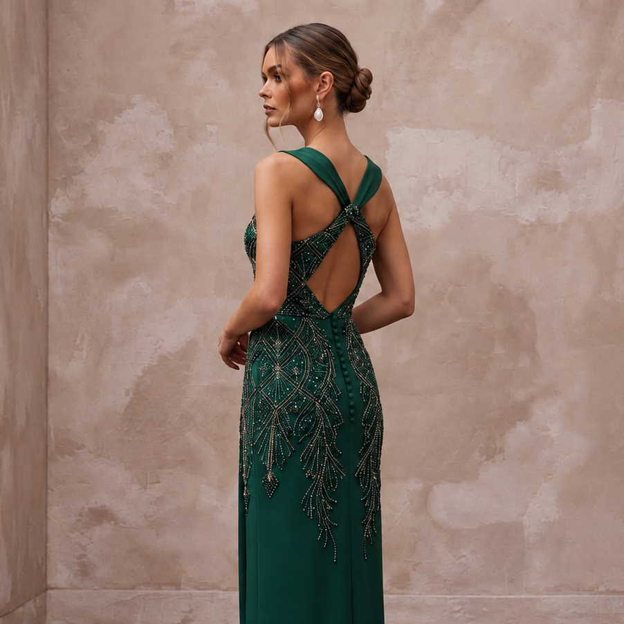 Emerald Green Crepe Asymmetrical Neckline Column Formal Gown