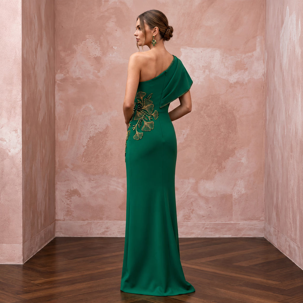 Emerald Green Crepe Asymmetrical Neckline Column Formal Gown