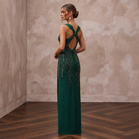 Emerald Green Crepe Asymmetrical Neckline Column Formal Gown