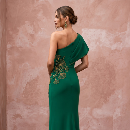 Emerald Green Crepe Asymmetrical Neckline Column Formal Gown