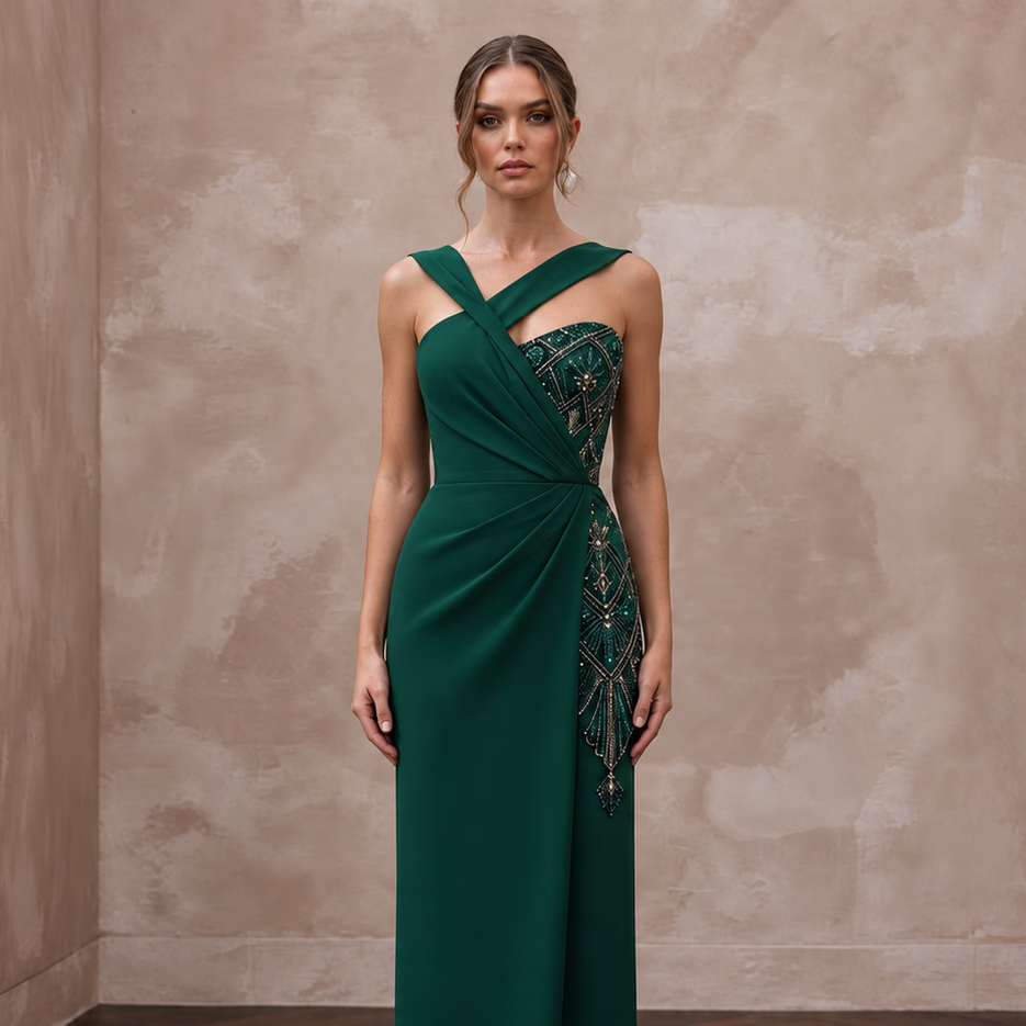 Emerald Green Crepe Asymmetrical Neckline Column Formal Gown