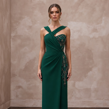 Emerald Green Crepe Asymmetrical Neckline Column Formal Gown