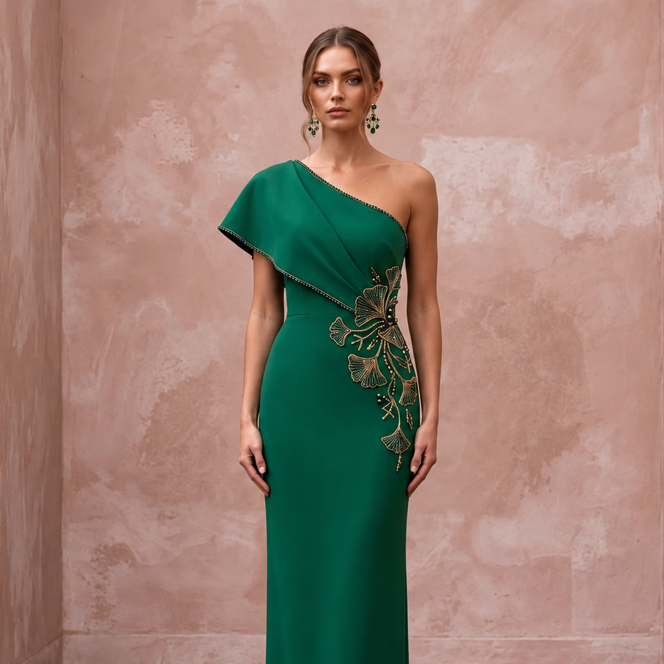 Emerald Green Crepe Asymmetrical Neckline Column Formal Gown