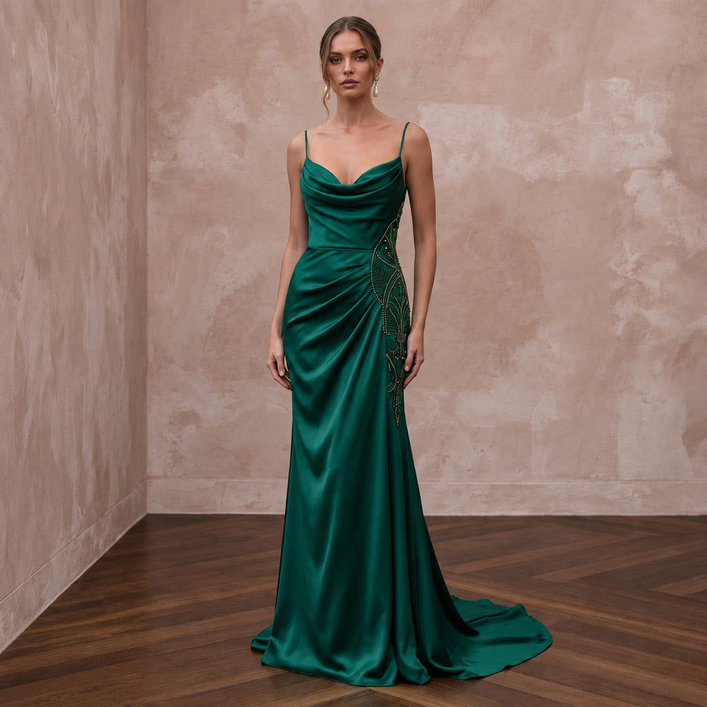 Emerald Green Satin Draped Cowl Neck Slip Dress for Wedding Guest - Apparel & Accessories > Clothing > Wedding & Bridal Party Dresses > Wedding Dresses - Mignonette Bridal
