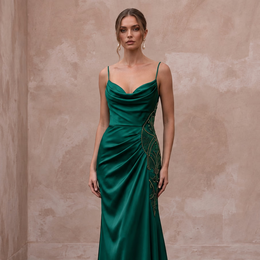 Emerald Green Satin Draped Cowl Neck Slip Dress for Wedding Guest - Apparel & Accessories > Clothing > Wedding & Bridal Party Dresses > Wedding Dresses - Mignonette Bridal