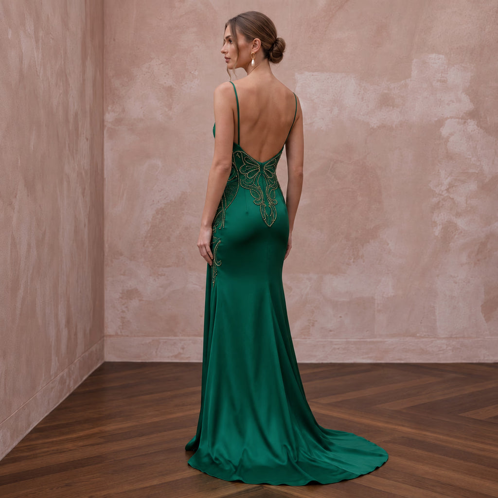 Emerald Green Satin Draped Cowl Neck Slip Dress for Wedding Guest - Apparel & Accessories > Clothing > Wedding & Bridal Party Dresses > Wedding Dresses - Mignonette Bridal