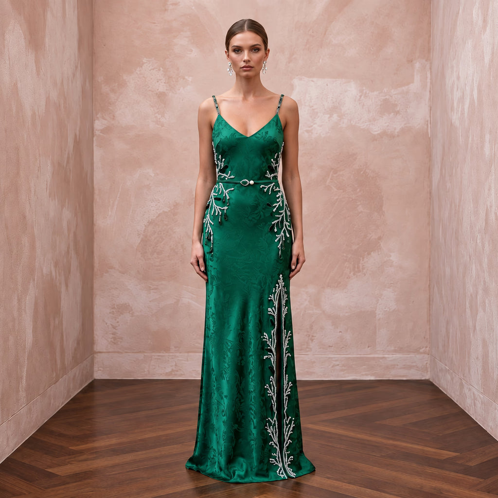 Emerald Green Silk Charmeuse Bias Cut Slip Dress for Winter Gala