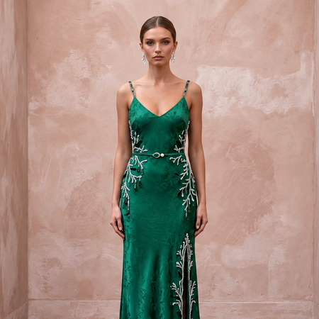 Emerald Green Silk Charmeuse Bias Cut Slip Dress for Winter Gala