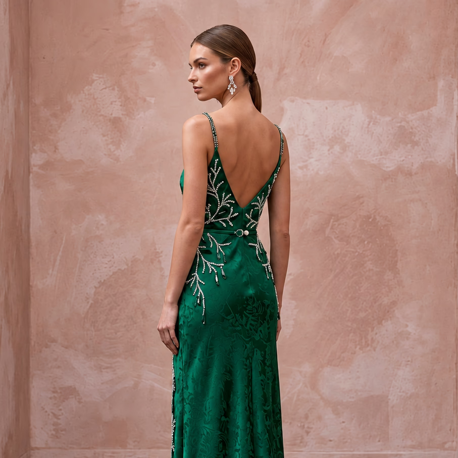 Emerald Green Silk Charmeuse Bias Cut Slip Dress for Winter Gala