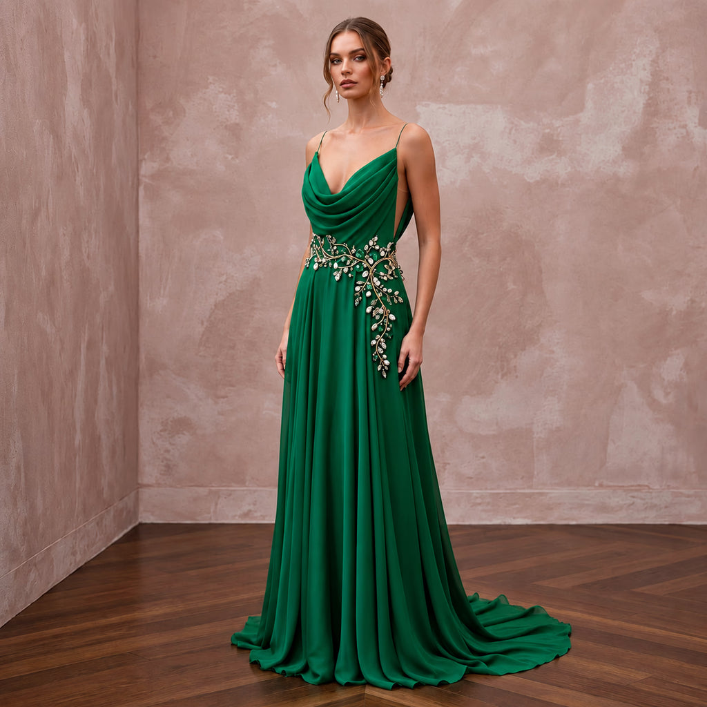 Emerald Green Silk Georgette Draped Cowl Neck Evening Gown