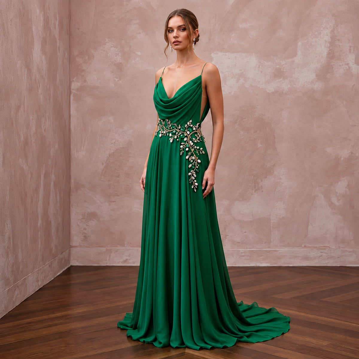 Emerald Green Silk Georgette Draped Cowl Neck Evening Gown