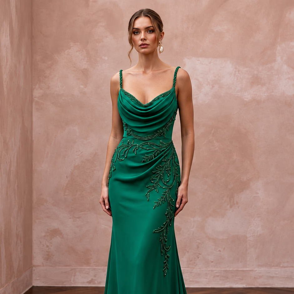 Emerald Green Silk Georgette Draped Cowl Neck Evening Gown
