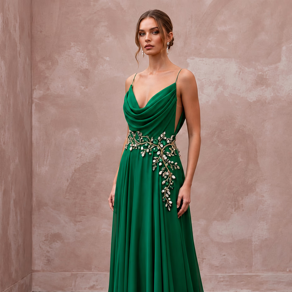 Emerald Green Silk Georgette Draped Cowl Neck Evening Gown