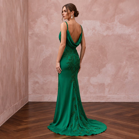 Emerald Green Silk Georgette Draped Cowl Neck Evening Gown