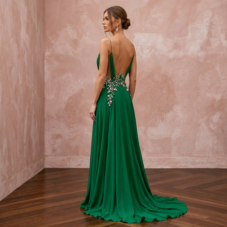 Emerald Green Silk Georgette Draped Cowl Neck Evening Gown