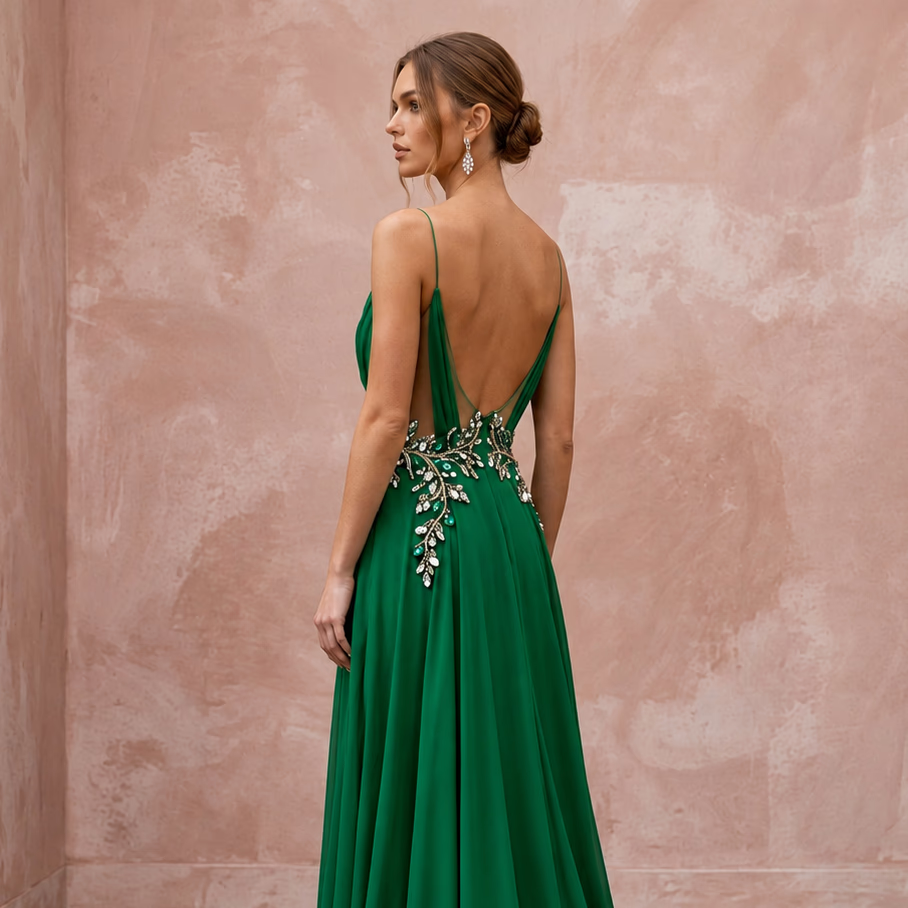 Emerald Green Silk Georgette Draped Cowl Neck Evening Gown