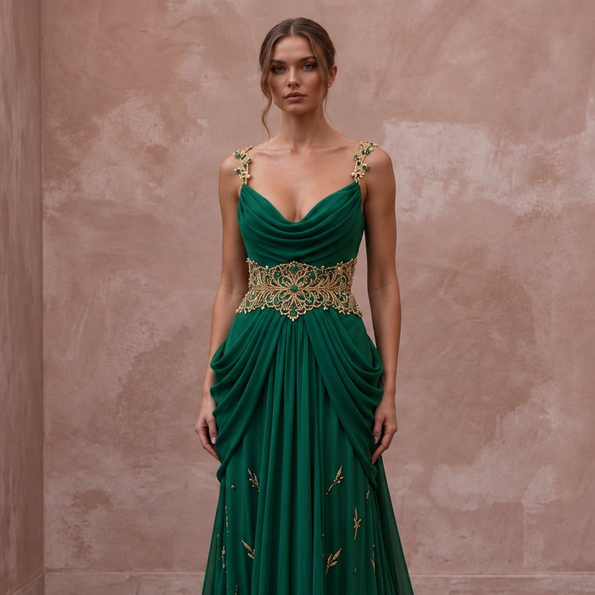 Emerald Green Silk Georgette Draped Cowl Neck Gown