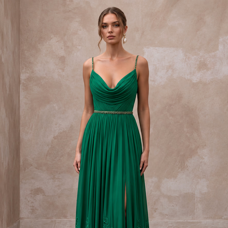 Emerald Green Silk Georgette Draped Cowl Neck Gown - Apparel & Accessories > Clothing > Wedding & Bridal Party Dresses > Wedding Dresses - Mignonette Bridal