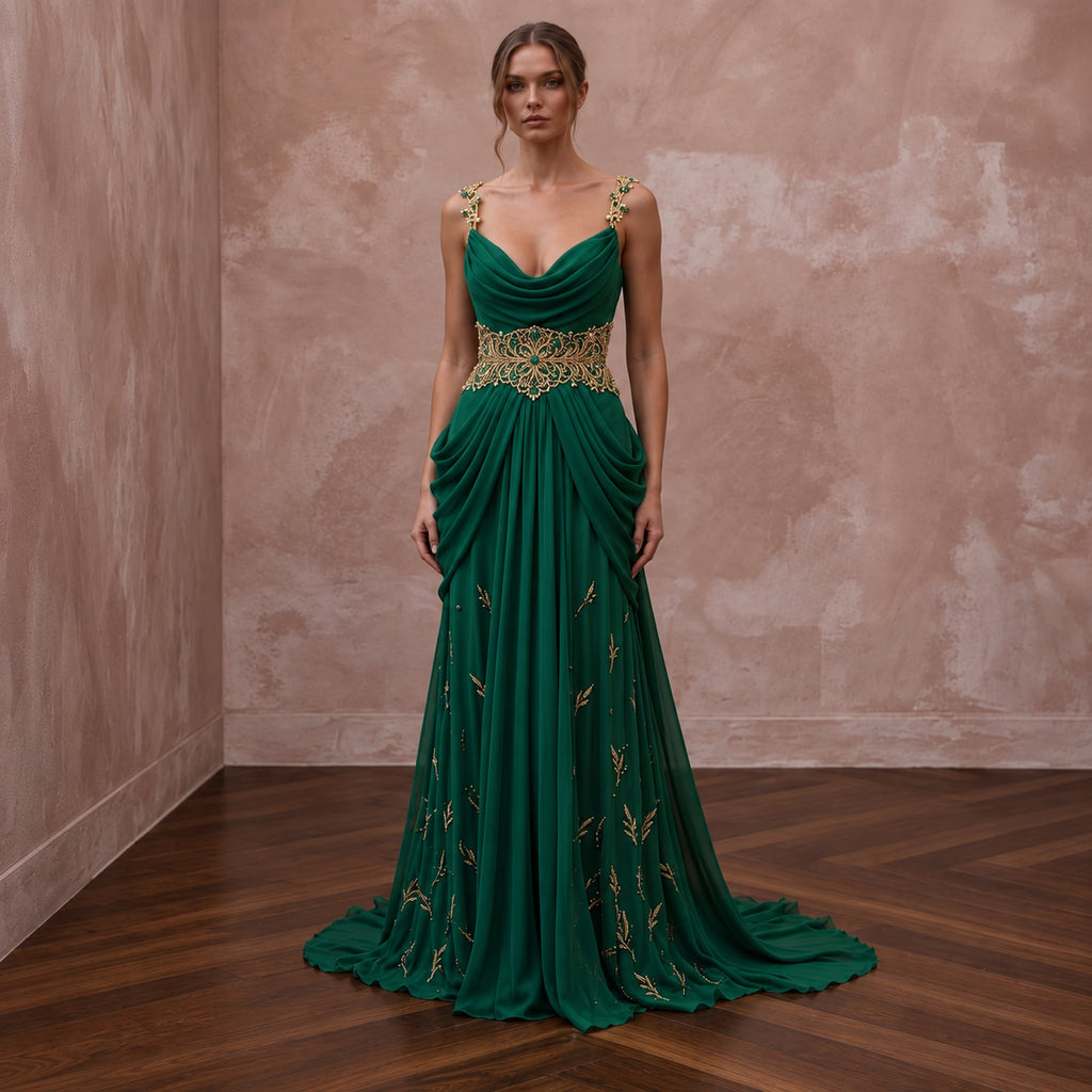 Emerald Green Silk Georgette Draped Cowl Neck Gown