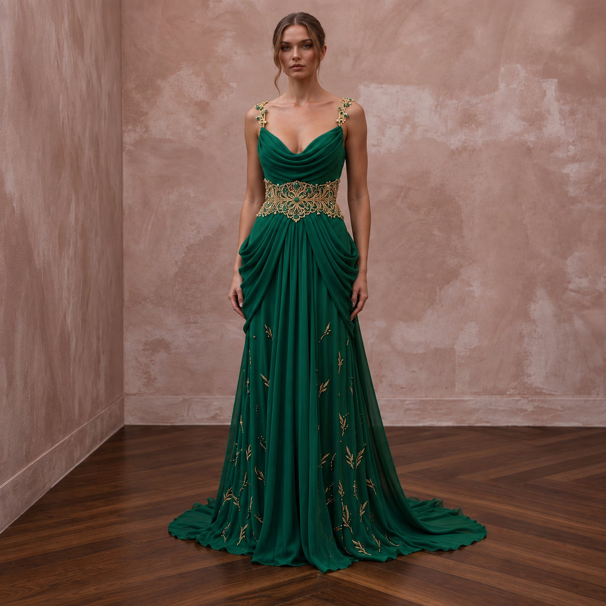Emerald Green Silk Georgette Draped Cowl Neck Gown