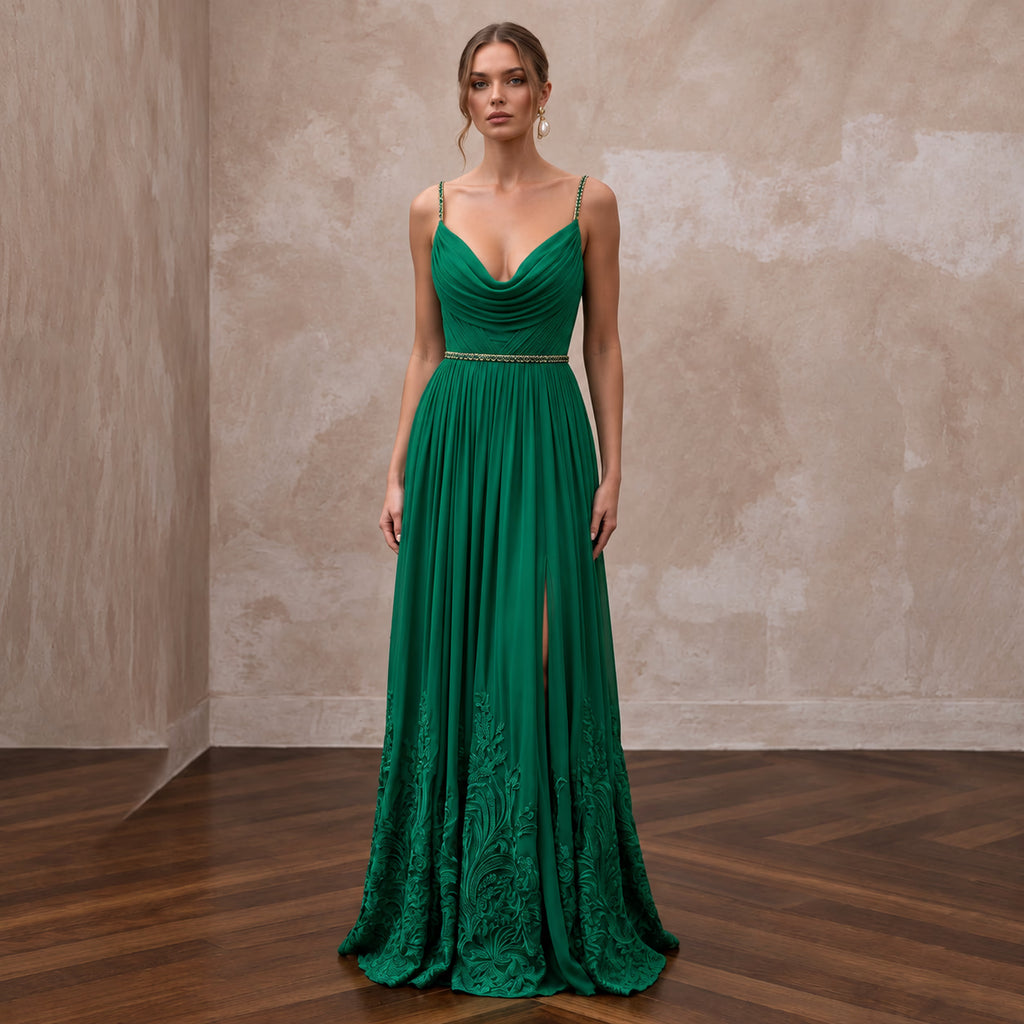 Emerald Green Silk Georgette Draped Cowl Neck Gown - Apparel & Accessories > Clothing > Wedding & Bridal Party Dresses > Wedding Dresses - Mignonette Bridal