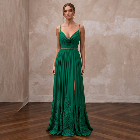 Emerald Green Silk Georgette Draped Cowl Neck Gown - Apparel & Accessories > Clothing > Wedding & Bridal Party Dresses > Wedding Dresses - Mignonette Bridal