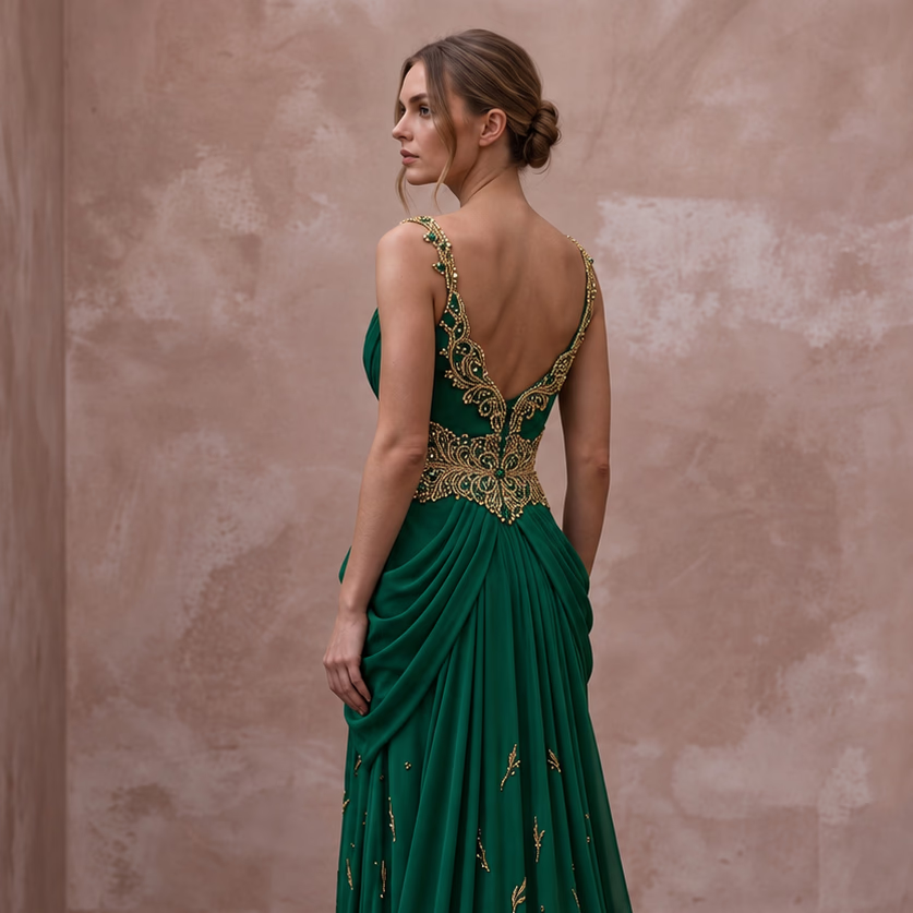 Emerald Green Silk Georgette Draped Cowl Neck Gown