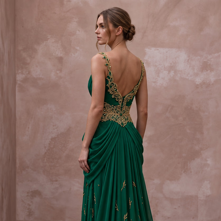 Emerald Green Silk Georgette Draped Cowl Neck Gown