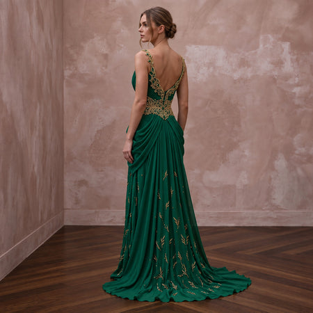 Emerald Green Silk Georgette Draped Cowl Neck Gown