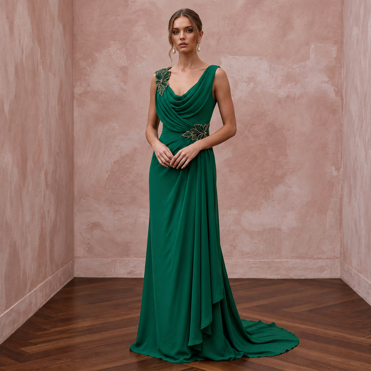 Emerald Green Silk Georgette Draped Cowl Neck Prom Gown